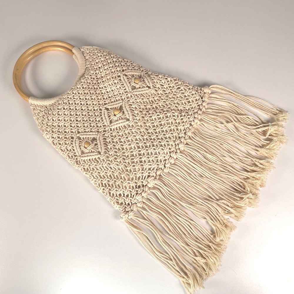 Macrame Fringe Tote Bag Cream‎ Womens Medium Boho Wood Handle